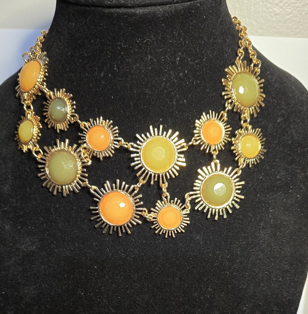 Sunburst Gold Tone With Orange And Green Stone Necklace